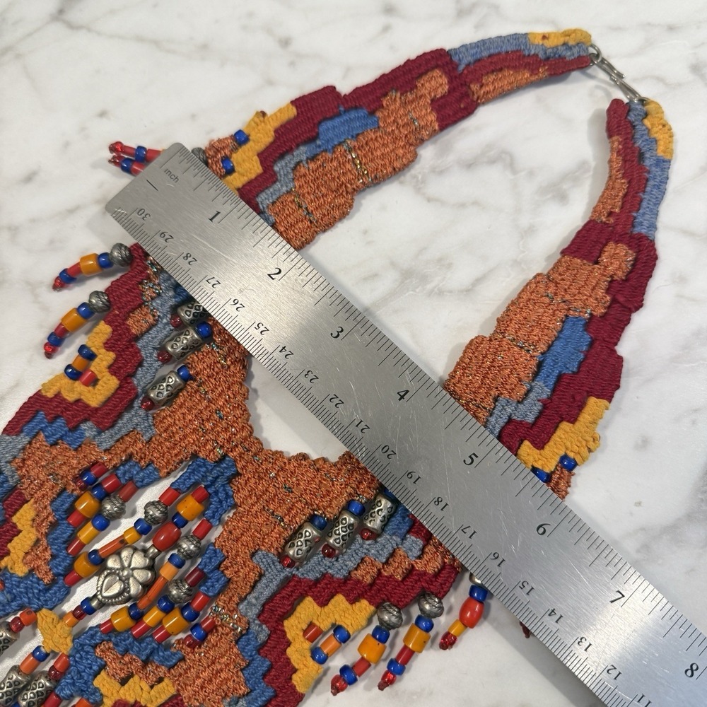 Artisan Woven Tapestry Fabric Beaded Ethnic Bib Necklace Helen Banes Style - Picture 10 of 10